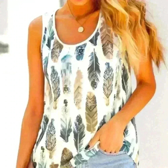 Tops - LAST ONE Aztec Feather Tank Top Cream w/Blue/Tan 2-Tone Feathers Size XL (14-16)